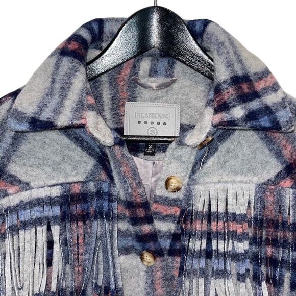 Blank NYC Womens Plaid Long‎ Sleeve Fringe Button Front Shirt Jacket Blue Small - Picture 4 of 11